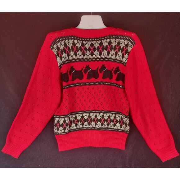 Susan Bristol New Traditions Red Knit Cardigan Sweater Embroidered Scottie Dog S - Picture 2 of 3